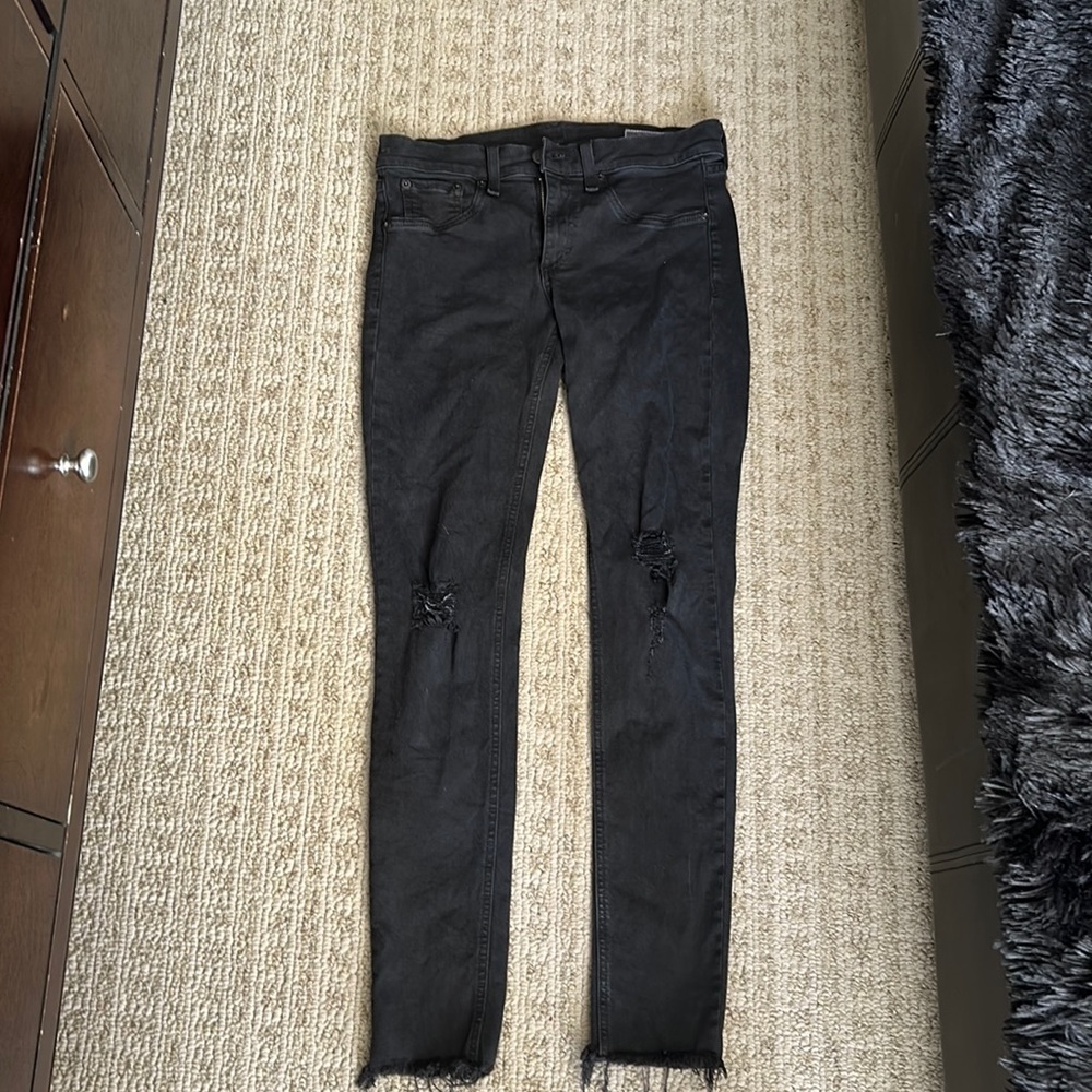 Rag & Bone black distressed raw hem stretchy jeans sz 28